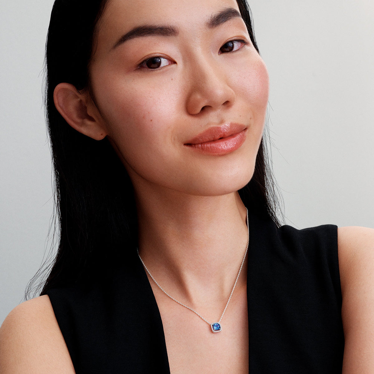 Sparkling Square Blue Halo Pendant Necklace
